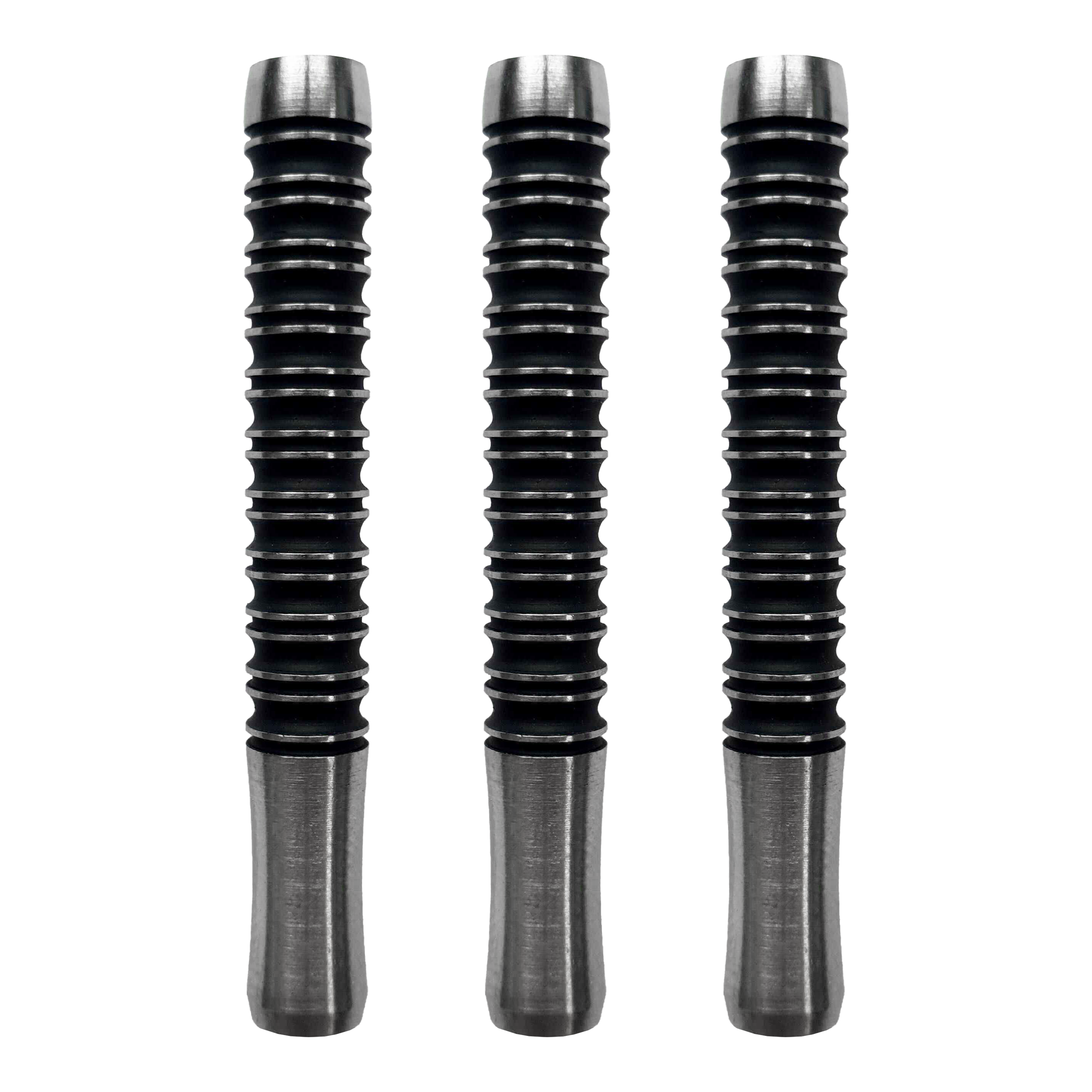 Das Bild zeigt drei McDart Super Grip 3 Softdart-Barrels mit einem Gewicht von 18g. Die Dart-Barrels sind schwarz mit silbernen Enden und haben ein gerilltes Design für besseren Halt.